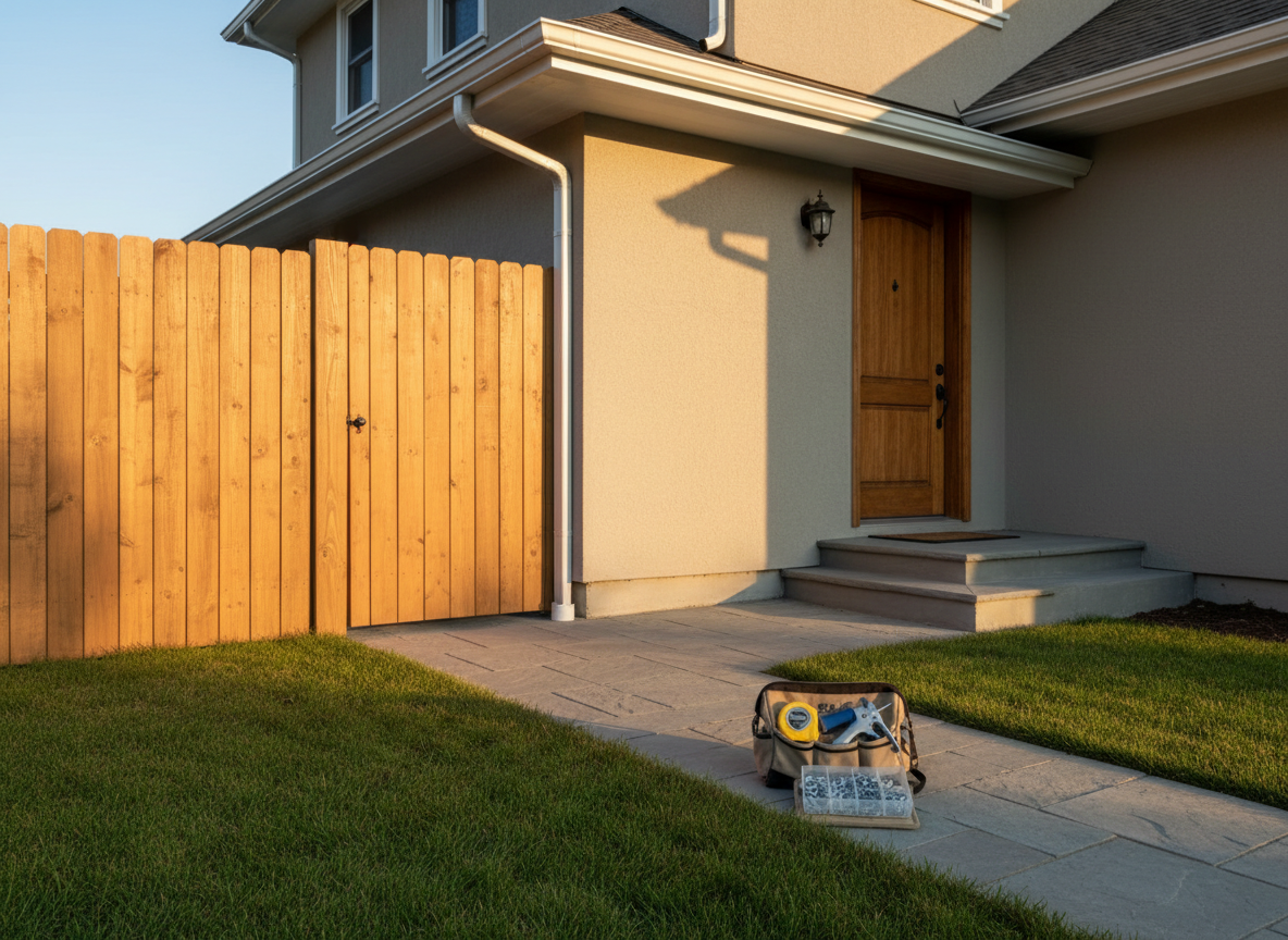 An outdoor scene of a well-maintained suburban home exterior featuring several visible handyman projects: a newly repaired wooden fence section with fresh, even stain; a perfectly straight, reinforced gutter line along the roof edge; and a solid, rebuilt front step made of smooth concrete with crisp edges. The lawn is neatly trimmed, and a compact, open tool bag sits on the front walkway containing a tape measure, caulking gun, and neatly arranged fasteners. Late afternoon golden hour sunlight bathes the siding and fence in a warm glow, casting long but soft shadows that emphasize depth and surface textures. Photographed from curbside at a slightly low angle, everything is in sharp focus, creating a calm, trustworthy, and professional atmosphere that communicates complete, high-quality exterior home repair service.