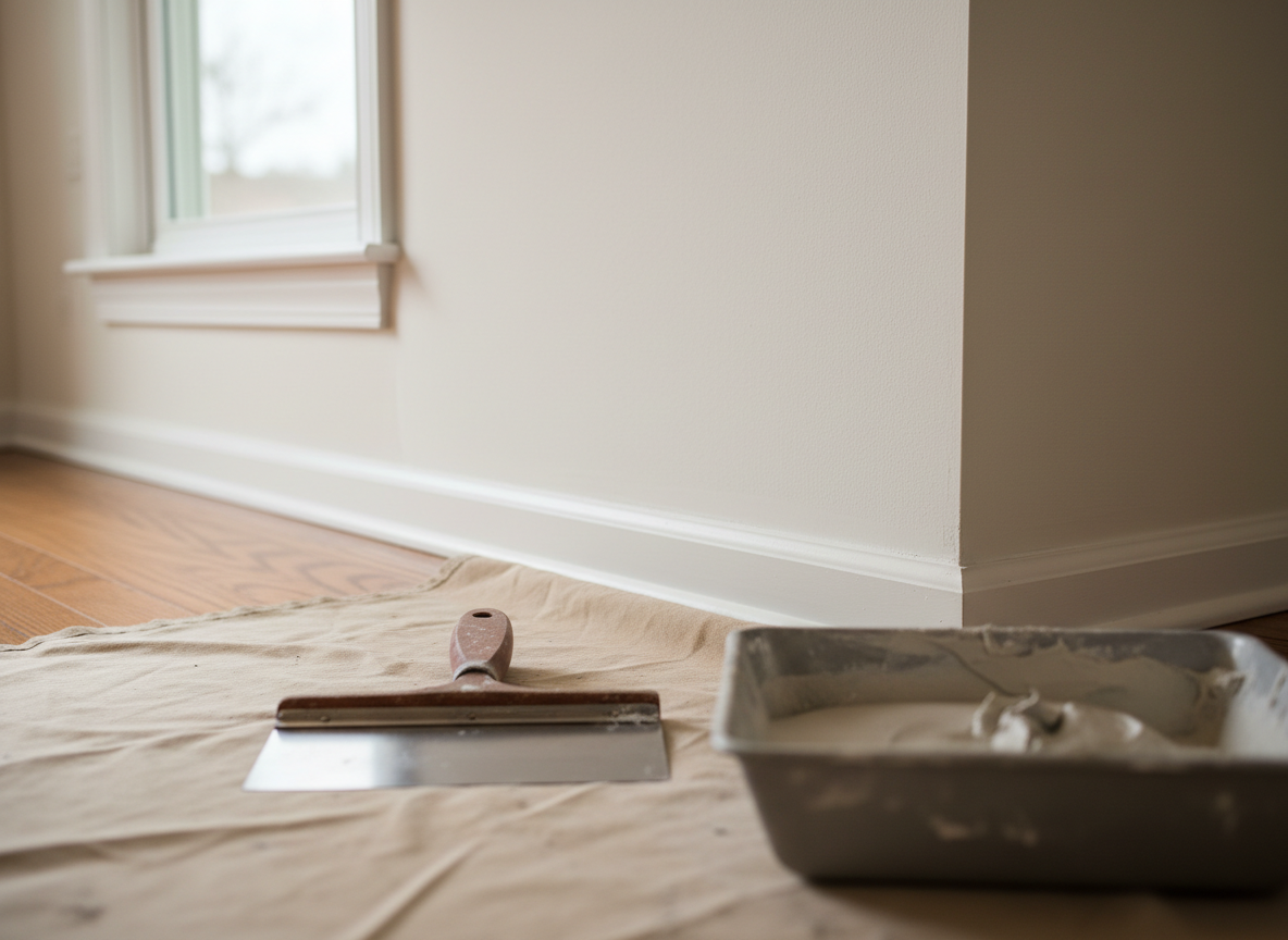 A close-up photographic view of a freshly repaired section of interior drywall, where a previously visible crack has been expertly patched, sanded smooth, and painted to match the surrounding warm white wall. The surface is flawless, with subtle texture from the roller and crisp, clean edges where the wall meets a bright white baseboard. A sturdy metal putty knife and a half-filled joint compound pan rest on a protective canvas drop cloth on the hardwood floor below. Soft overcast daylight streams from the left, creating gentle highlights on the painted surface and realistic shadows under the tools. Shot from a slightly angled side perspective with a shallow depth of field, the mood is professional and reassuring, emphasizing meticulous workmanship and attention to detail.