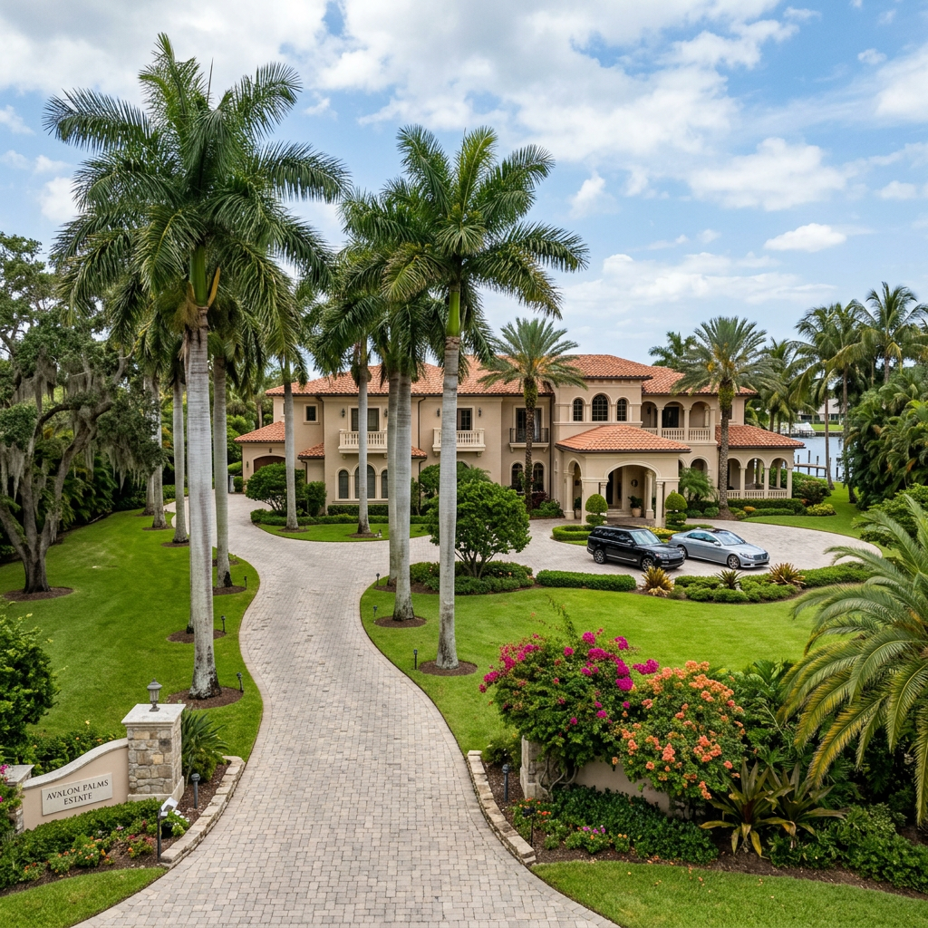 Large luxury estate with driveway, palm trees, and parked cars beside water