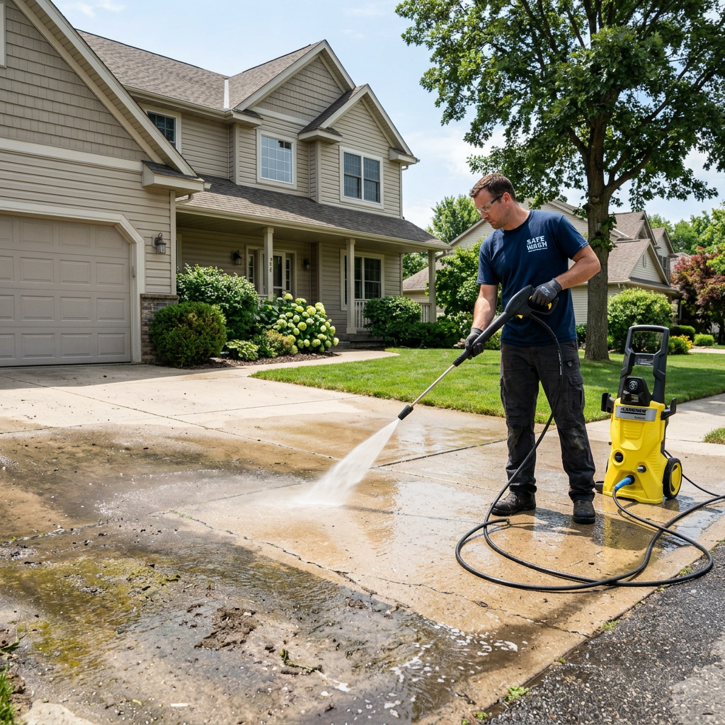 Man pressure washing driveway with yellow pressure washer outdoors